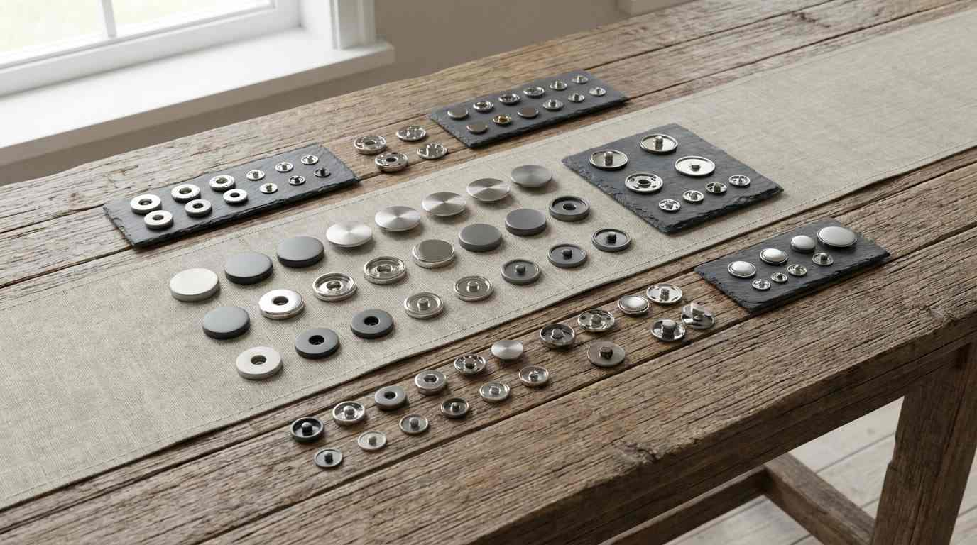 snap fasteners for sportswear, Snap fasteners for sportswear in several sizes and metal finishes are arranged on sample strips across a wooden surface.